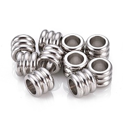 Non-Tarnish 304 Stainless Steel European Beads, Large Hole Beads, Groove Beads, Column, Stainless Steel Color, 10x8mm, Hole: 6mm(A-STAS-F250-05P)