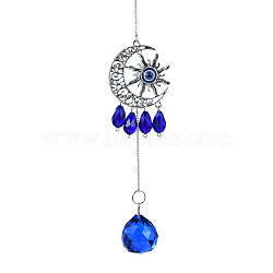 Woven Web/Net with Feather Glass Hanging Suncatcher Pendant Decoration, Crystal Ceiling Chandelier Ball Prism Pendants, with Alloy Findings, Moon Pattern, 320mm(DJEW-PW0008-02E)