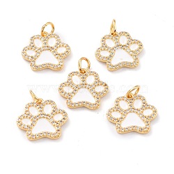 Real 18K Gold Plated Brass Micro Pave Cubic Zirconia Charms, with Jump Ring and Enamel, Long-Lasting Plated, Dog Paw Prints, White, 13.5x15x2mm, Jump Ring: 5x1mm, 3mm Inner Diameter(ZIRC-L100-085G-09)