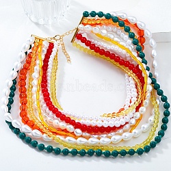 Bohemian Glass Beaded Multi Layered Necklaces for Women, with Alloy Clasps and Plastic Imitation Pearl, Colorful, 15.20 inch(38.6cm)(NJEW-K384-02A)