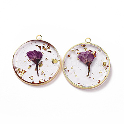 Transparent Clear Epoxy Resin Pendants, with Edge Golden Plated Brass Loops and Gold Foil, Flat Round Charms with Inner Flower, Purple, 33.8x30x4mm, Hole: 2.5mm(RESI-L036-12G-03)