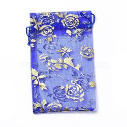 Organza Drawstring Jewelry Pouches, Wedding Party Gift Bags, Rectangle with Gold Stamping Rose Pattern, Blue, 15x10x0.11cm(OP-I001-C07)