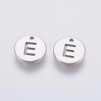 304 Stainless Steel Charms,  Flat Round with Letter, Stainless Steel Color, Letter.E, 10x1mm, Hole: 1mm