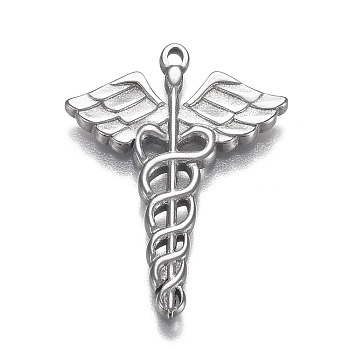 304 Stainless Steel Pendants, Caduceus Symbol for Medicine, Stainless Steel Color, 35x25x2mm, Hole: 2mm