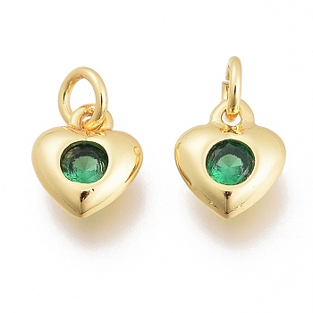 Brass Micro Pave Cubic Zirconia Charms, with Jump Ring, Heart, Golden, Green, 7.5x6.5x2.5mm, Hole: 1.5mm, Jump rings: 3.5x0.8mm