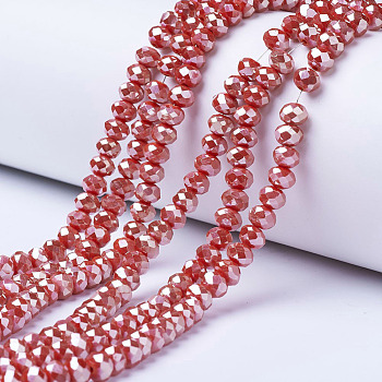 Electroplate Opaque Solid Color Glass Beads Strands, Platinum Plated, Faceted, Rondelle, FireBrick, 4x3mm, Hole: 0.4mm, about 123~127pcs/strand, 16.5~16.9 inch(42~43cm)