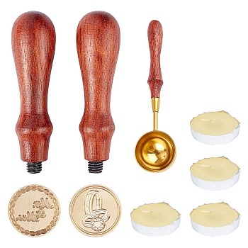 CRASPIRE DIY Letter Seal Kits, with Brass Wax Seal Stamp and Wood Handle Sets, Candle and Sealing Stamp Wax Spoons, Golden, Stamp: 90mm, 2pcs/set