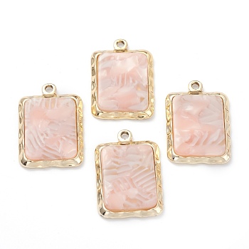 Resin Pendants, with Golden Plated Alloy Findings, Rectangle, Pink, 28x19x3.5mm, Hole: 2mm