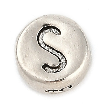 925 Sterling Silver Flat Round with Letter Beads, with 925 Stamp, Antique Silver, Letter S, 6.5x3mm, Hole: 1.2mm