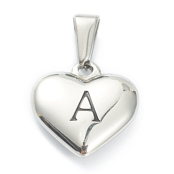 304 Stainless Steel Pendants, Heart with Black Letter, Stainless Steel Color, Letter.A, 16x16x4.5mm, Hole: 7x3mm