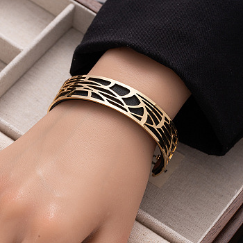 Hollow Out 304 Stainless Steel & Imitation Leather Cuff Bangles, Wide Bangles for Women, Geometric, Golden, Black, Inner Diameter: 1.97 inch(5cm)
