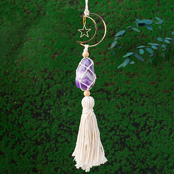 Handmade Macrame Cotton with Natural Amethyste Pendant Decorations, Moon with Star for Interior Car View Mirror Hanging Ornament, 420~430mm