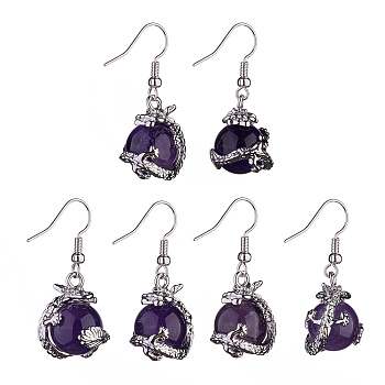 Natural Amethyst Dragon Dangle Earrings, Platinum Brass Jewelry for Women, 36mm, Pin: 0.6mm