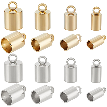 32Pcs 8 Style 201 Stainless Steel Cord Ends, End Caps, Column, Real 24K Gold Plated & Stainless Steel Color, 8~10.5x4~7mm, Hole: 1.5~2.5mm, Inner Diameter: 3~6mm, 4pcs/style