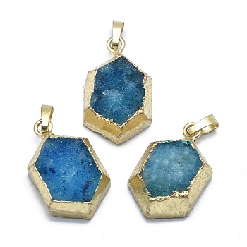 Natural Druzy Agate Pendants, Edge Golden Plated, with Golden Tone Brass Finding, Hexagon, Dyed & Heated, Steel Blue, 29~29.5x18~18.5x10.5~11.5mm, Hole: 5x8mm