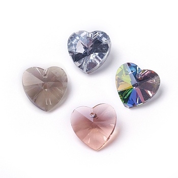 Romantic Valentines Ideas Glass Charms, Faceted Heart Pendants, Mixed Color, 18x18x10mm, Hole: 1mm
