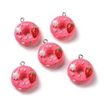 Opaque Resin Pendants, with Platinum Tone Iron Loops, Donut, Cerise, 25x22x13.5mm, Hole: 2mm