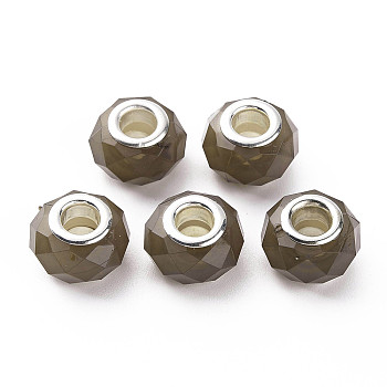 Resin European Beads, Large Hole Beads, with Silver Tone Brass Double Cores, Faceted, Rondelle, Gray, 14x9mm, Hole: 5mm