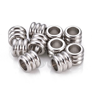 304 Stainless Steel European Beads, Large Hole Beads, Groove Beads, Column, Stainless Steel Color, 10x8mm, Hole: 6mm