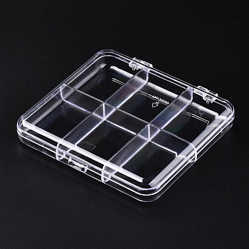 Polystyrene Bead Storage Containers, 6 Compartments Organizer Boxes, with Hinged Lid, Rectangle, Clear, 10.8x9.8x1.75cm, compartment: 4.65x3.4cm
