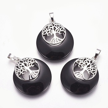 Synthetic Black Stone Pendants, with Platinum Tone Brass Findings, Flat Round with Tree of Life, 32.5~33x27.5~28x5~6mm, Hole: 5x7mm