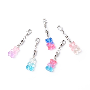 Transparent Gradient Color Resin Bear Pendant Decorations, Non-magnetic Synthetic Hematite Beaded Lobster Clasp Charms, Clip-on Charms, for Keychain, Purse, Backpack Ornament, Stitch Marker, Mixed Color, 50mm