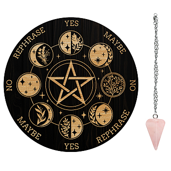 AHADEMAKER 1Pc Cone/Spike/Pendulum Natural Rose Quartz Stone Pendants, 1Pc 304 Stainless Steel Cable Chain Necklaces, 1Pc PVC Custom Pendulum Board, Dowsing Divination Board, Moon Phase Pattern, Board: 200x4mm