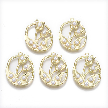 Alloy Pendants, with ABS Plastic Imitation Pearl, Oval with Flower, Light Gold, 35x25x6mm, Hole: 2mm
