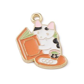 Alloy Enamel Pendants, Golden, Cat with Book Charm, Orange Red, 27x22x1.5mm, Hole: 1.8mm