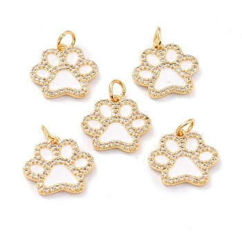 Real 18K Gold Plated Brass Micro Pave Cubic Zirconia Charms, with Jump Ring and Enamel, Long-Lasting Plated, Dog Paw Prints, White, 13.5x15x2mm, Jump Ring: 5x1mm, 3mm Inner Diameter