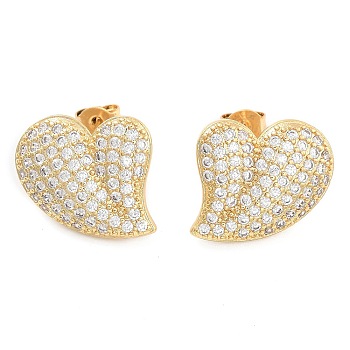 Brass Micro Pave Clear Cubic Zirconia Stud Earrings, Heart, Golden, 19x18mm