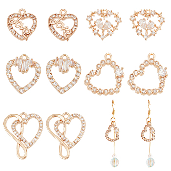 10Pcs 5 Styles Brass Micro Pave Clear Cubic Zirconia Charms, Heart, Golden, 14.5~21x13~17x2.5~4mm, Hole: 1.2~1.6mm, 2pcs/style