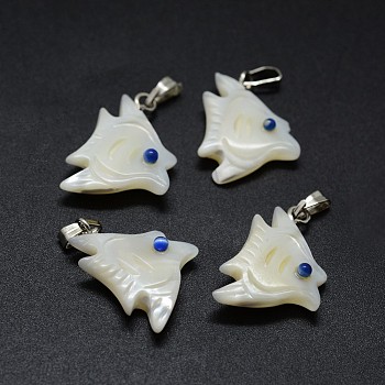 Shell Pendants, with Brass Findings and Cat Eye, Fish, Platinum, 20~21x16~18x3~5mm, Hole: 2x5mm