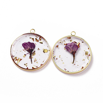 Transparent Clear Epoxy Resin Pendants, with Edge Golden Plated Brass Loops and Gold Foil, Flat Round Charms with Inner Flower, Purple, 33.8x30x4mm, Hole: 2.5mm