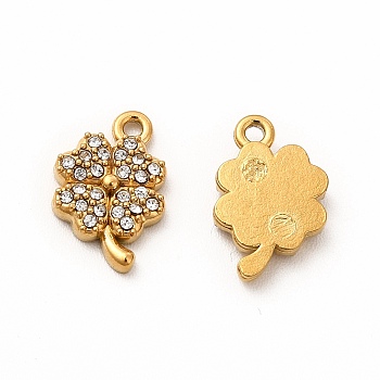 Ion Plating(IP) 316 Surgical Stainless Steel with Crystal Rhinestone Charms, Clover, Real 18K Gold Plated, 12x8x2mm, Hole: 1mm