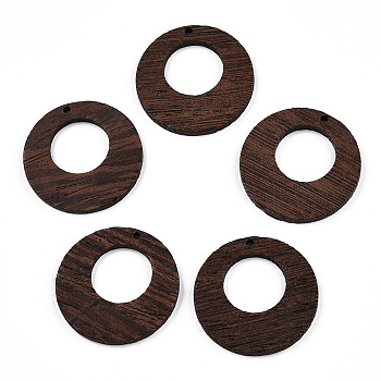 Natural Wenge Wood Pendants, Undyed, Hollow Flat Round Charms, Coconut Brown, 38x3.5mm, Hole: 2mm
