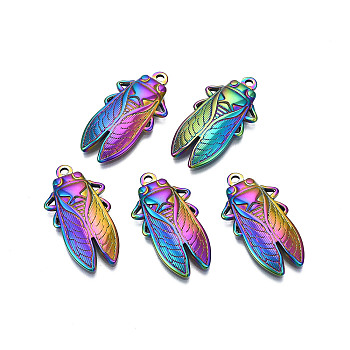 Ion Plating(IP) 201 Stainless Steel Pendants, Cicada, Rainbow Color, 29.5x15.5x3mm, Hole: 1.6mm