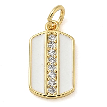 Rack Plating Brass Micro Pave Cubic Zirconia Pendants, with Enamel, Long-Lasting Plated, Lead Free & Cadmium Free, Rectangle Charms, with Jump Ring, White, 15x8.5x1.5mm, Hole: 3mm