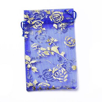 Organza Drawstring Jewelry Pouches, Wedding Party Gift Bags, Rectangle with Gold Stamping Rose Pattern, Blue, 15x10x0.11cm