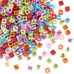 300Pcs Opaque Acrylic Beads, Cube with Constellation, Mixed Color, 7.5x7.5x7.5mm, Hole: 4mm(OACR-SC0002-68)