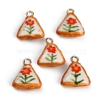 Handmade Porcelain with Brass Pendants, Triangle with Flower Charms, Hand Painted, Famille Rose Porcelain, Golden, Camellia, 20.5~21x17.5x5.5~7mm, Hole: 2.5mm(PR-CBAB520-08A)