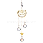 Brass Hollow Moth Moon Hanging Ornaments, Round Glass Charm Tassel Suncatchers for Garden Outdoor Decorations, Clear, 395mm(AJEW-Z027-01A)