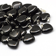Heart Natural Black Stone Pendants, with Platinum Tone Brass Findings, 17~19x15~16x5~8mm, Hole: 2x7mm(G-Q371-05)