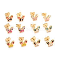 304 Stainless Steel Enamel Stud Earrings, with 316 Surgical Stainless Steel Pin, Golden, Butterfly, Mixed Color, 7x9.5x2mm, Pin: 0.8mm(EJEW-B009-17G)