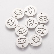 304 Stainless Steel Charms, Flat Round with Constellation/Zodiac Sign, Cancer, 12x1mm, Hole: 1.5mm(STAS-Q201-T095-4)
