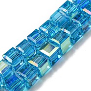 Electroplate Glass Beads Strands, Half Rainbow Plated, Faceted, Cube, Deep Sky Blue, 7~7.5x7~7.5x7~7.5mm, Hole: 1mm(EGLA-M031-01A-HR05)