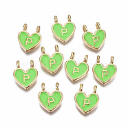 Alloy Enamel Charms, Cadmium Free & Lead Free, Heart with Initial Letters, Light Gold, Lime, Letter.P, 14.5x11.5x4.5mm, Hole: 2mm(ENAM-T012-02P-RS)