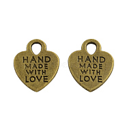 Tibetan Style Alloy Heart Charms, with Phrase Hand Made with Love, For Valentine's Day, Cadmium Free & Nickel Free & Lead Free, Antique Bronze, 15x12x1mm, Hole: 2.5mm(X-TIBEP-Q035-07AB-NR)