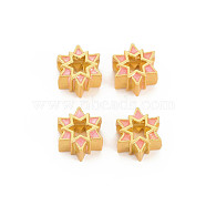 Rack Plating Alloy Enamel European Beads, Large Hole Beads, Matte Gold Color, Cadmium Free & Nickel Free & Lead Free, Star, Pink, 10x11x7mm, Hole: 5mm(ENAM-S130-16A)