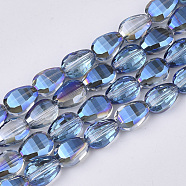 Translucent Electroplate Glass Beads Strands, Half Plated, Faceted, Teardrop, Dodger Blue, 8.5x6x3.5mm, Hole: 1mm, about 80pcs/Strand, 26.38 inch(67cm)(EGLA-T020-03B)